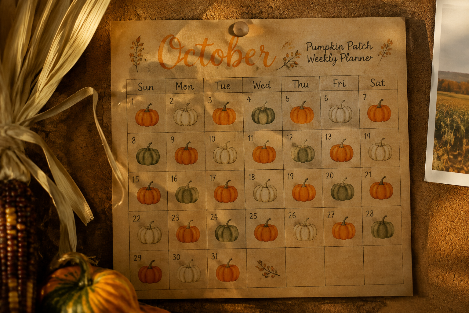 Pumpkin patch weekly planner for October pinned to a corkboard with brush lettering and illustrated pumpkins