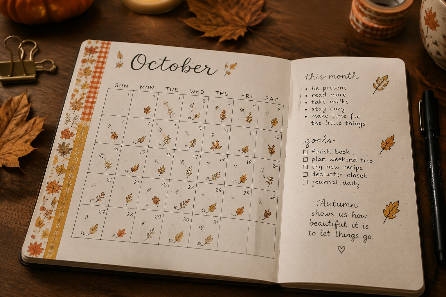 Bullet journal October monthly spread with a hand drawn grid, leaf doodles and autumn washi tape on a walnut desk
