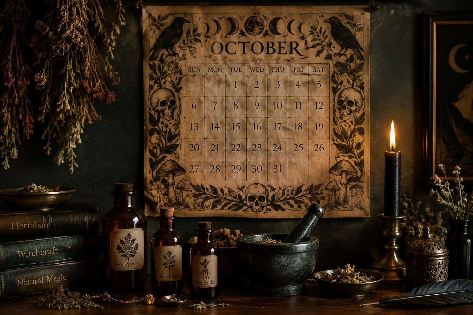 Witchy apothecary October calendar hanging above amber potion bottles, dried herbs and a black candle