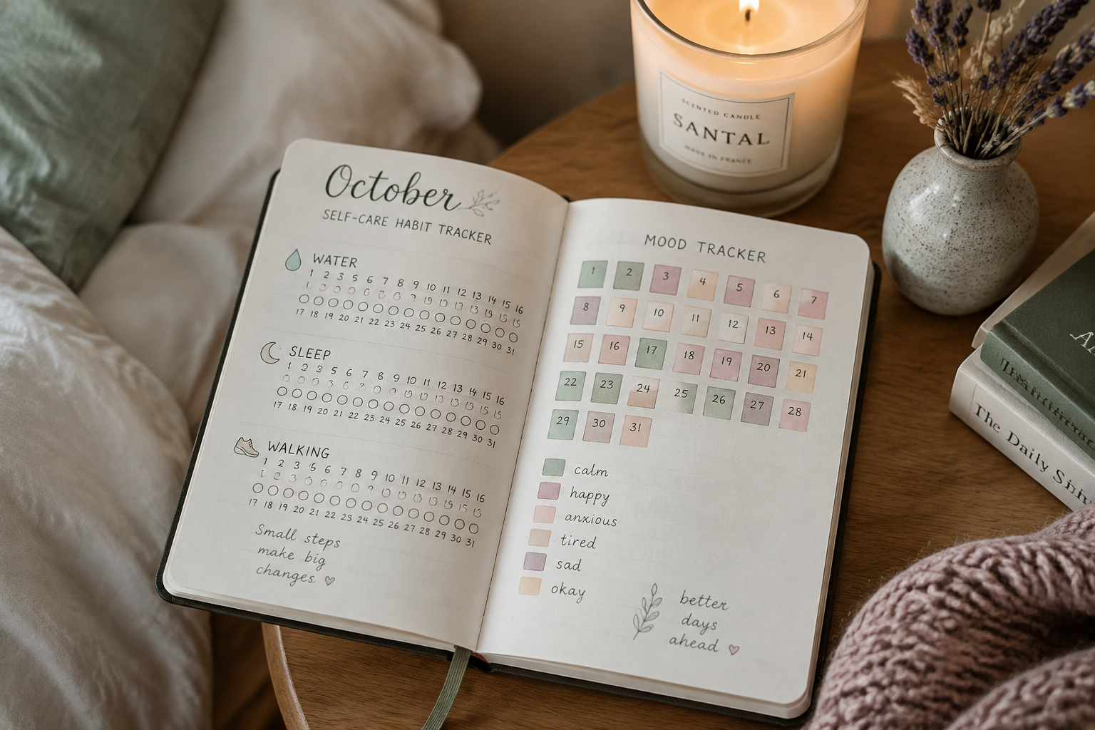 Self care habit and mood tracker spread on a bedside table with pastel mood swatches and dried lavender