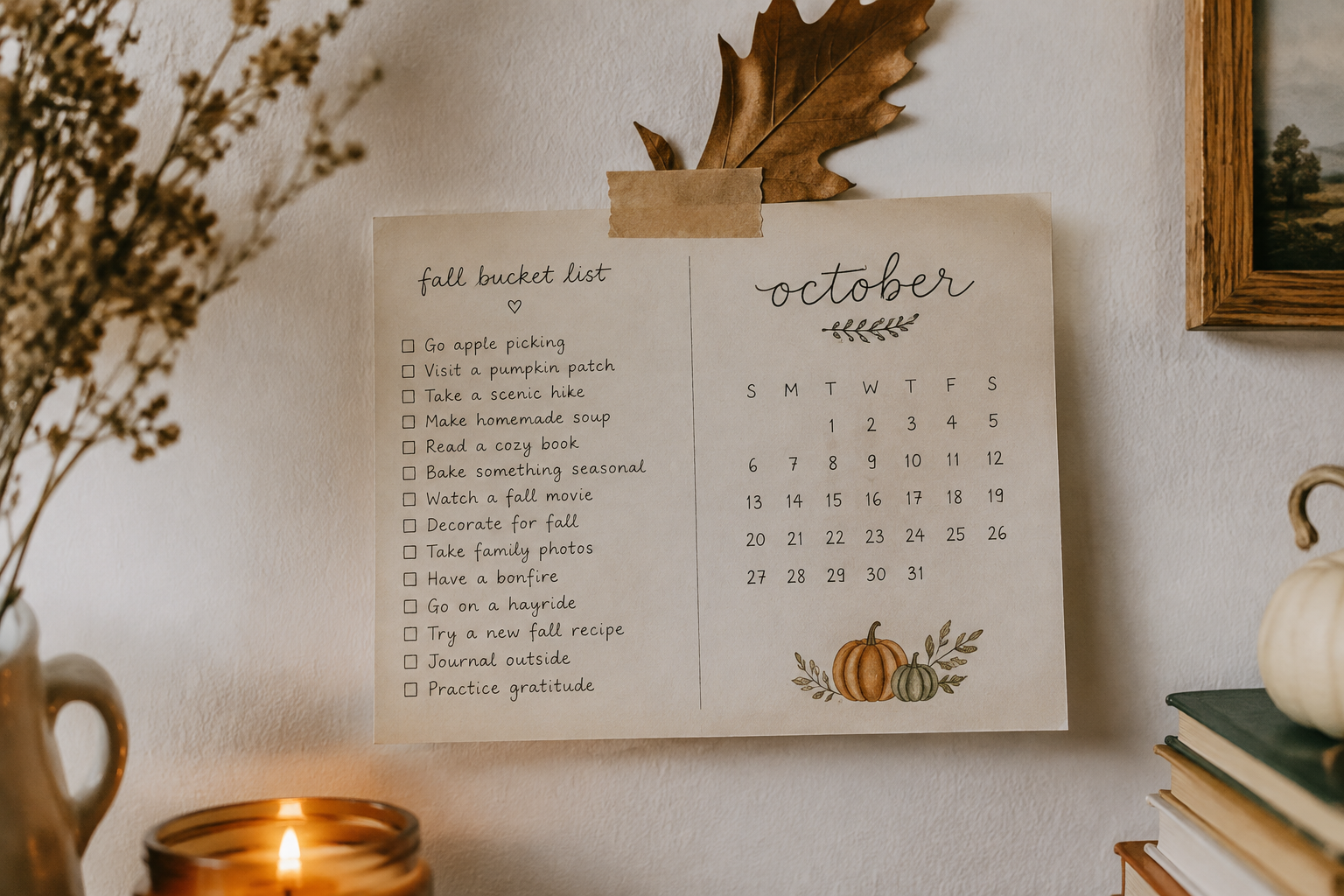 Fall bucket list and October calendar hybrid page taped to a white wall with a dried oak leaf