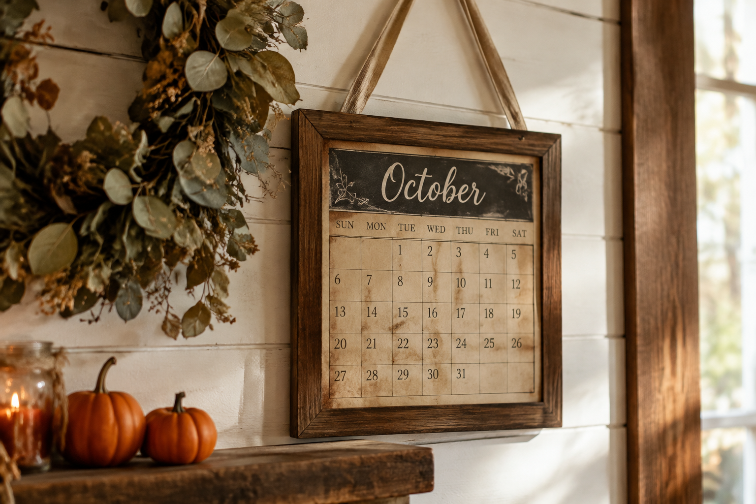 Rustic farmhouse October wall calendar in a wooden frame framed by a dried eucalyptus wreath