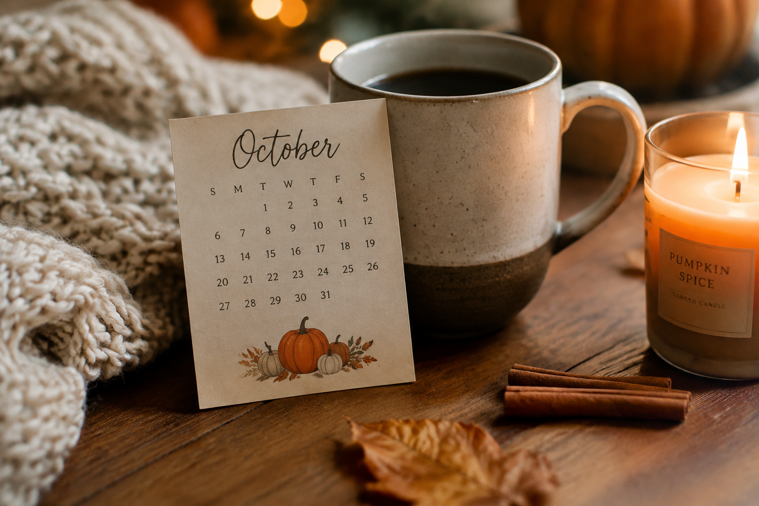 Small October desk calendar styled with a mug of coffee, a lit candle and a chunky knit blanket