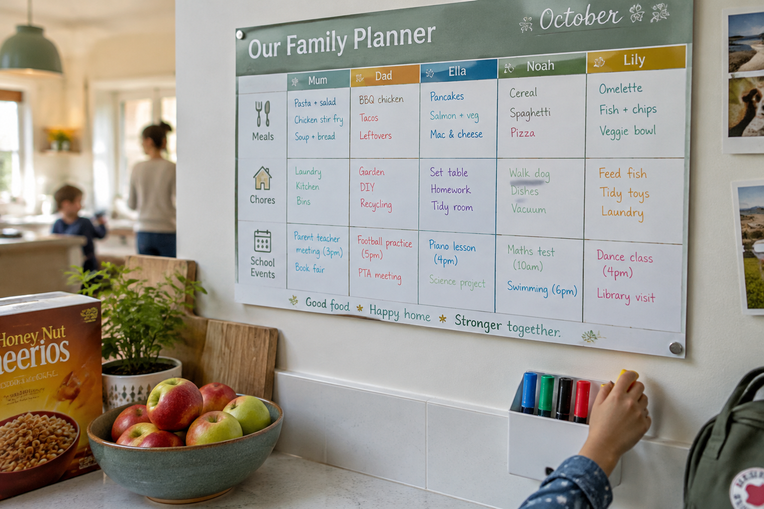 Family October wall planner in a kitchen with a column per person and rows for meals, chores and school events