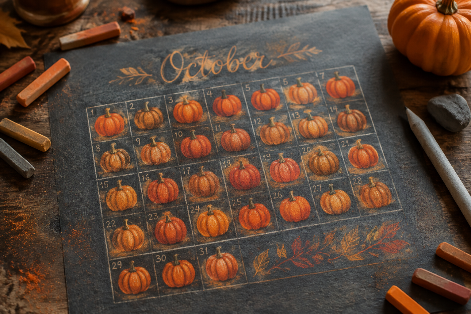 Chalk pastel pumpkin patch October calendar drawing on dark grey paper with pastel sticks and chalk dust