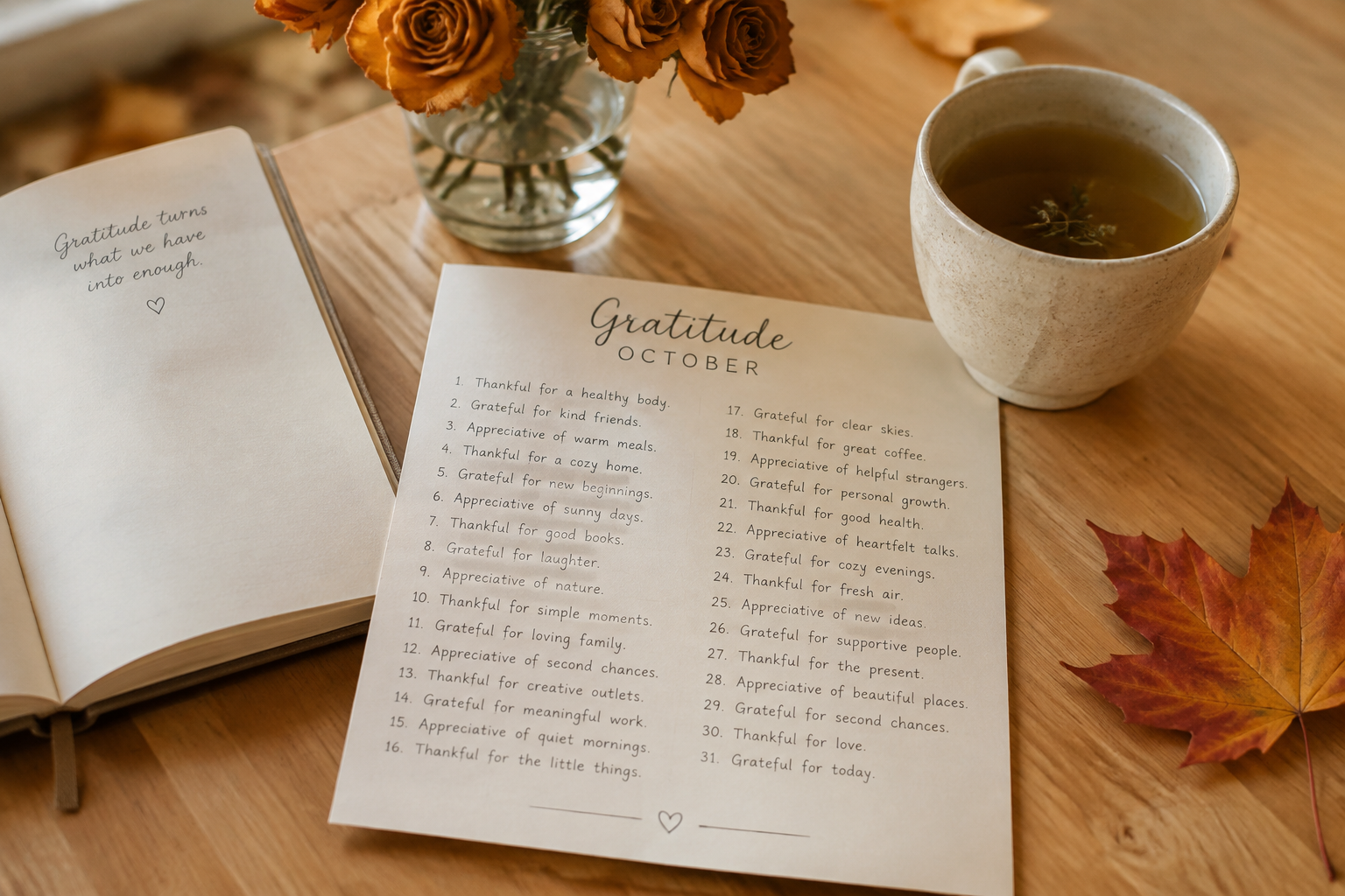 Gratitude October calendar card with thirty one handwritten thank you lines beside dried orange roses