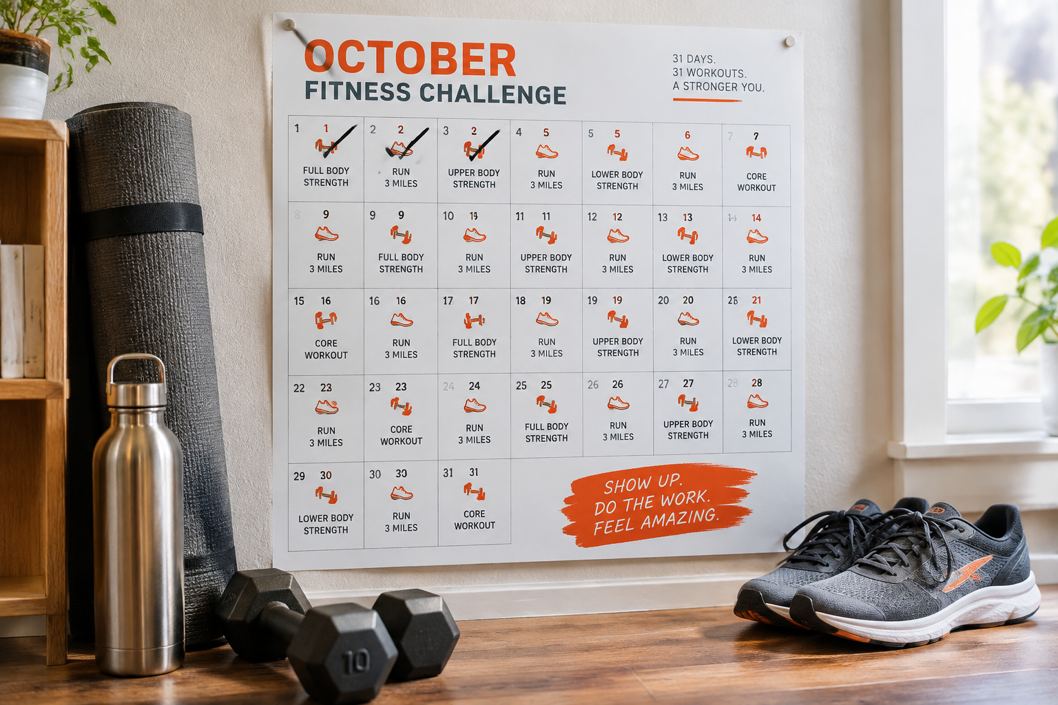 31 day October fitness challenge calendar pinned in a home gym with dumbbells, a yoga mat and a water bottle