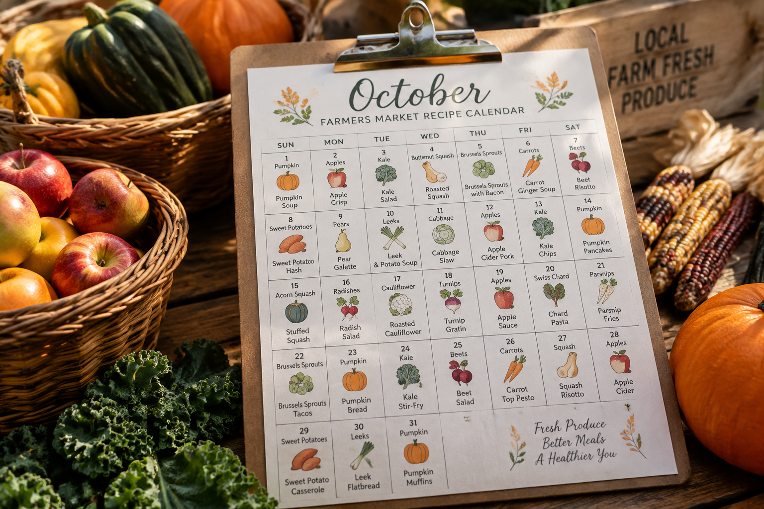 October farmers market calendar with seasonal recipe notes beside baskets of squash, apples and pumpkins