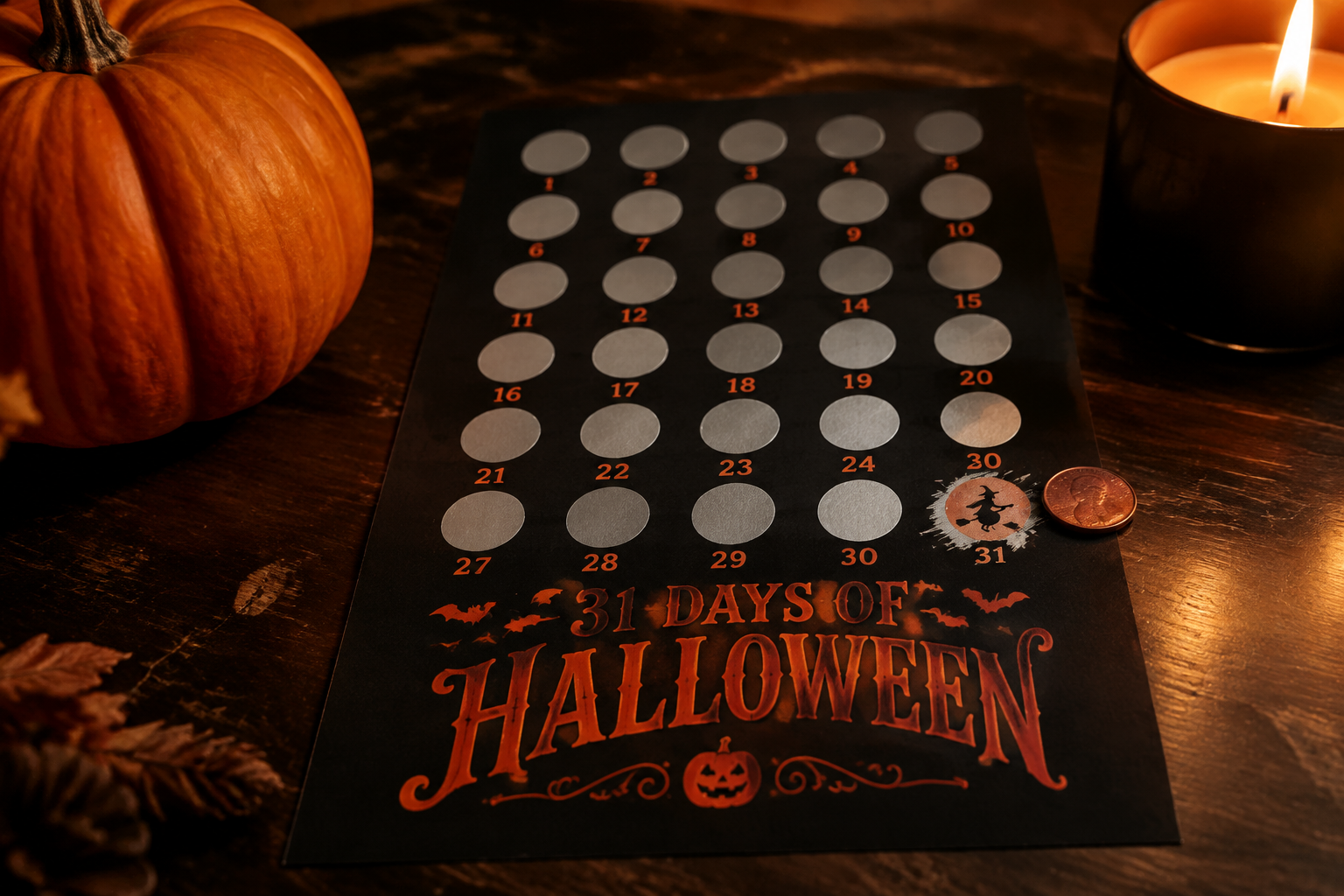 Scratch off Halloween countdown calendar with thirty one silver foil circles and a copper coin on black card