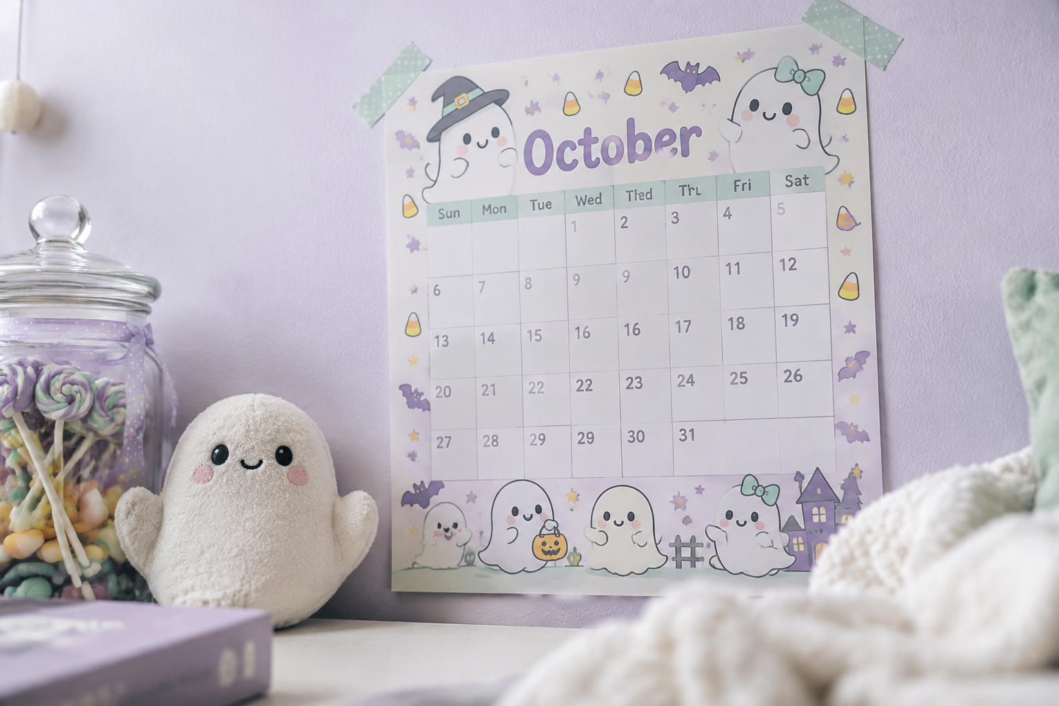 Cute kawaii ghost October calendar in pastel lilac with smiling ghosts and candy corn on a white wall