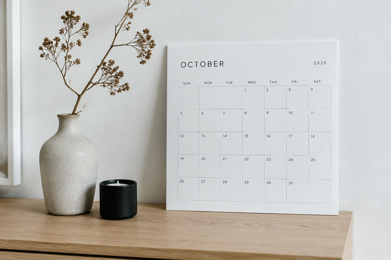 Minimalist Scandinavian October calendar in black on white paper on a pale oak console with a dried branch