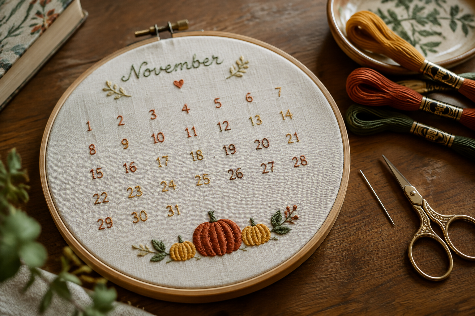 Handmade embroidery hoop October calendar with stitched day numbers in rust and mustard thread on cream linen