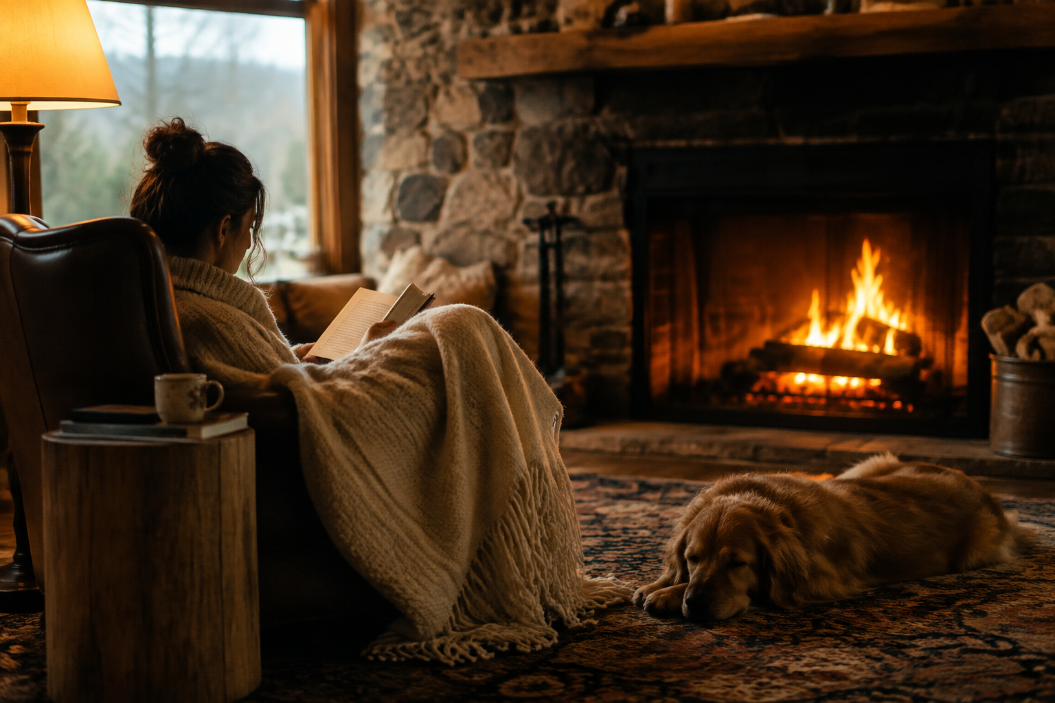 Person reading in an armchair by a crackling stone fireplace under a wool throw
