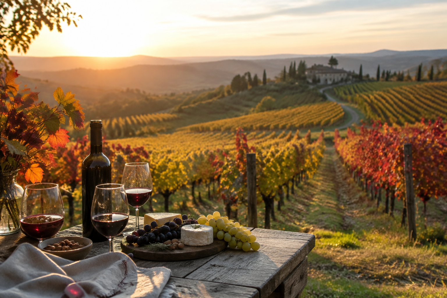 Autumn vineyard with golden vines and a tasting table of red wine and cheese