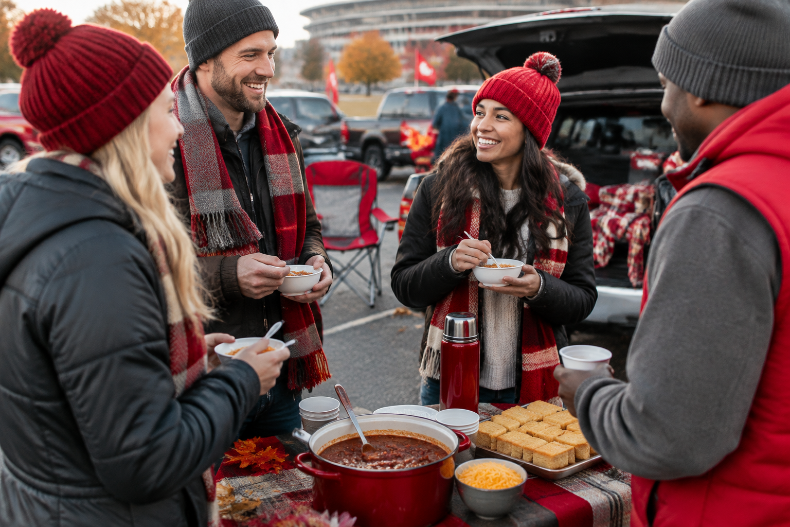 Autumn tailgate party with chili, cornbread and friends in team scarves