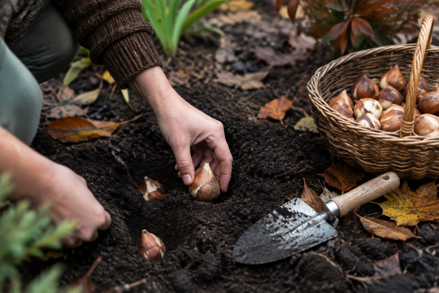 Hands planting tulip bulbs into dark rich soil with a trowel and basket