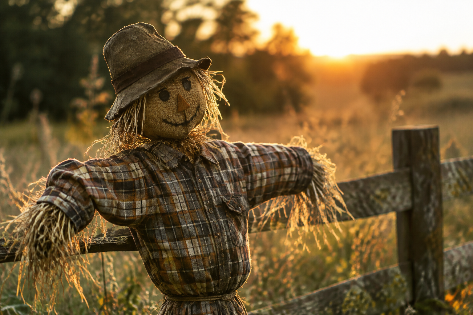 Homemade straw scarecrow in a plaid shirt and felt hat in a golden field