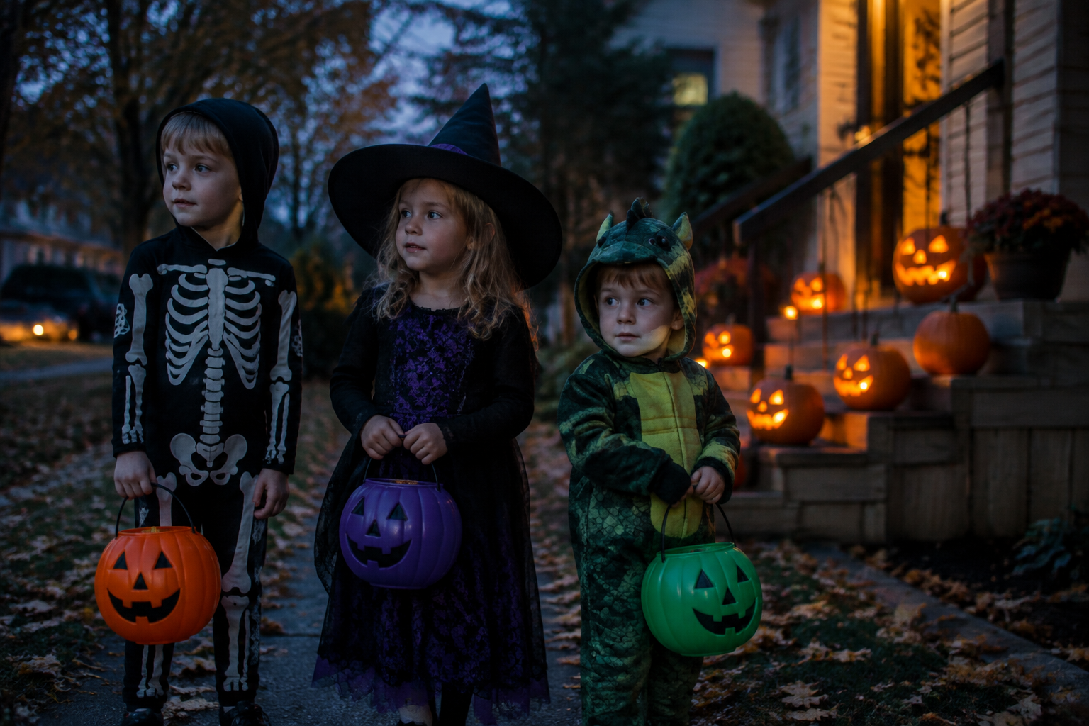 Children in Halloween costumes with candy buckets on a leaf-strewn sidewalk at dusk