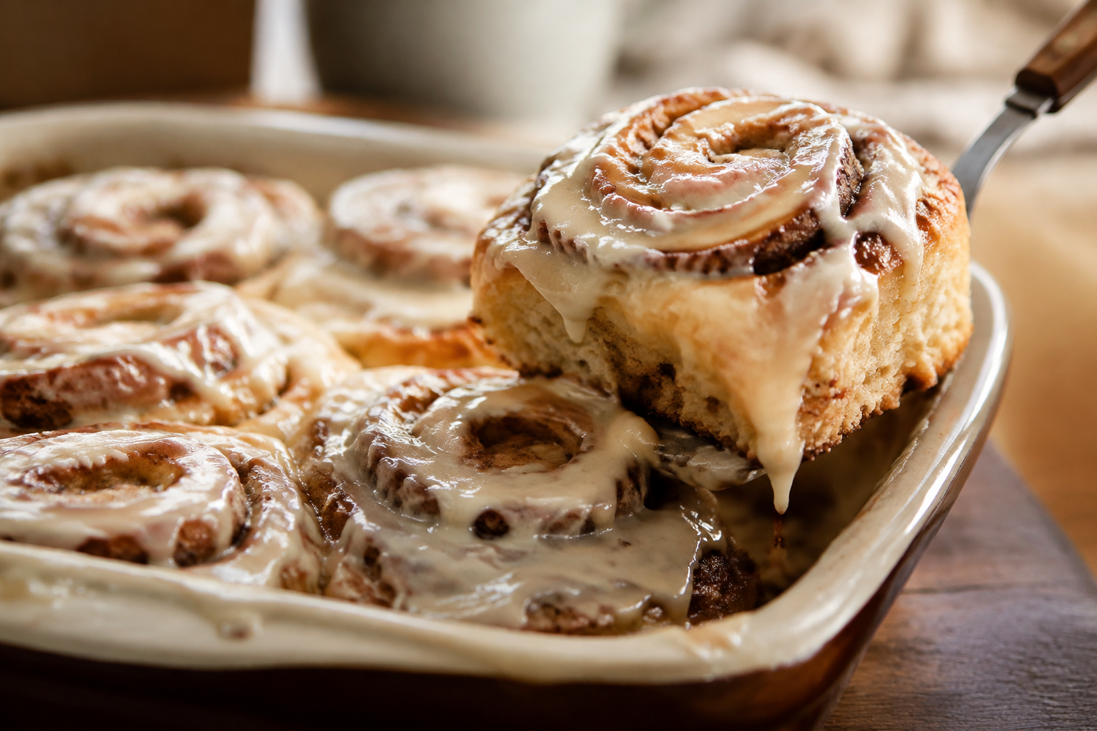 Tray of freshly baked cinnamon rolls with cream cheese glaze dripping