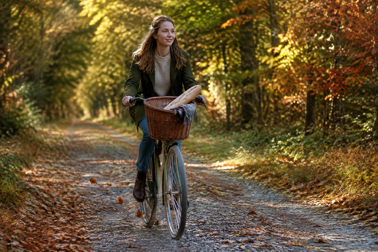 Cyclist on a gravel rail trail tunneled by autumn trees with leaves scattering