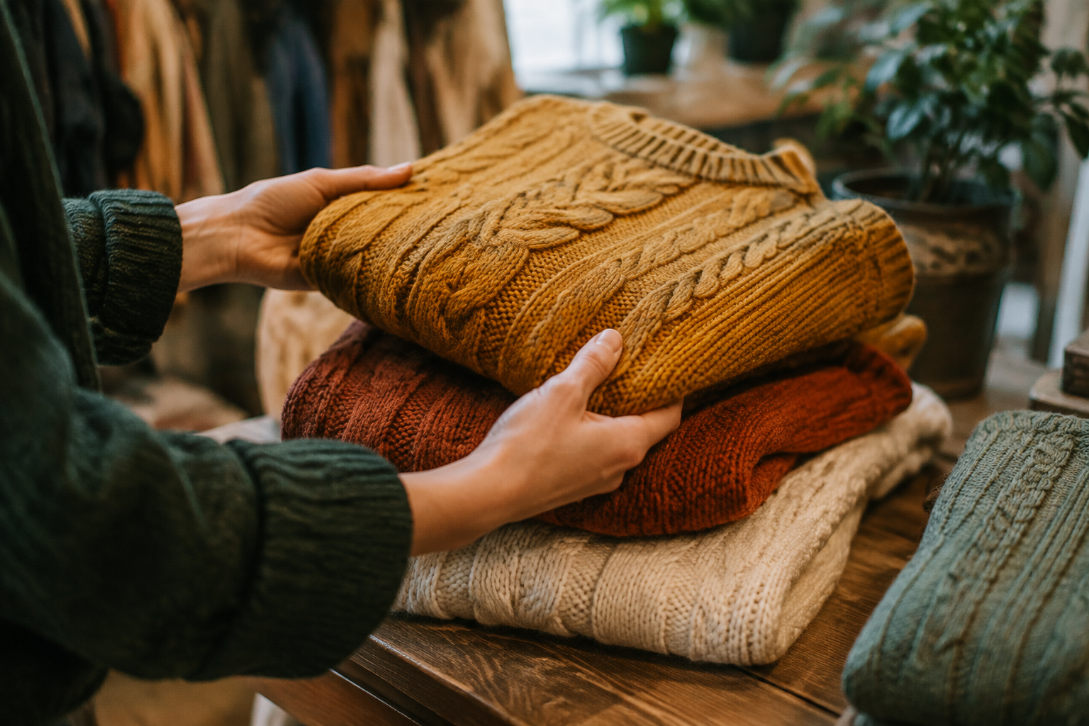 Stack of folded vintage cable-knit wool sweaters in ochre and rust on wood