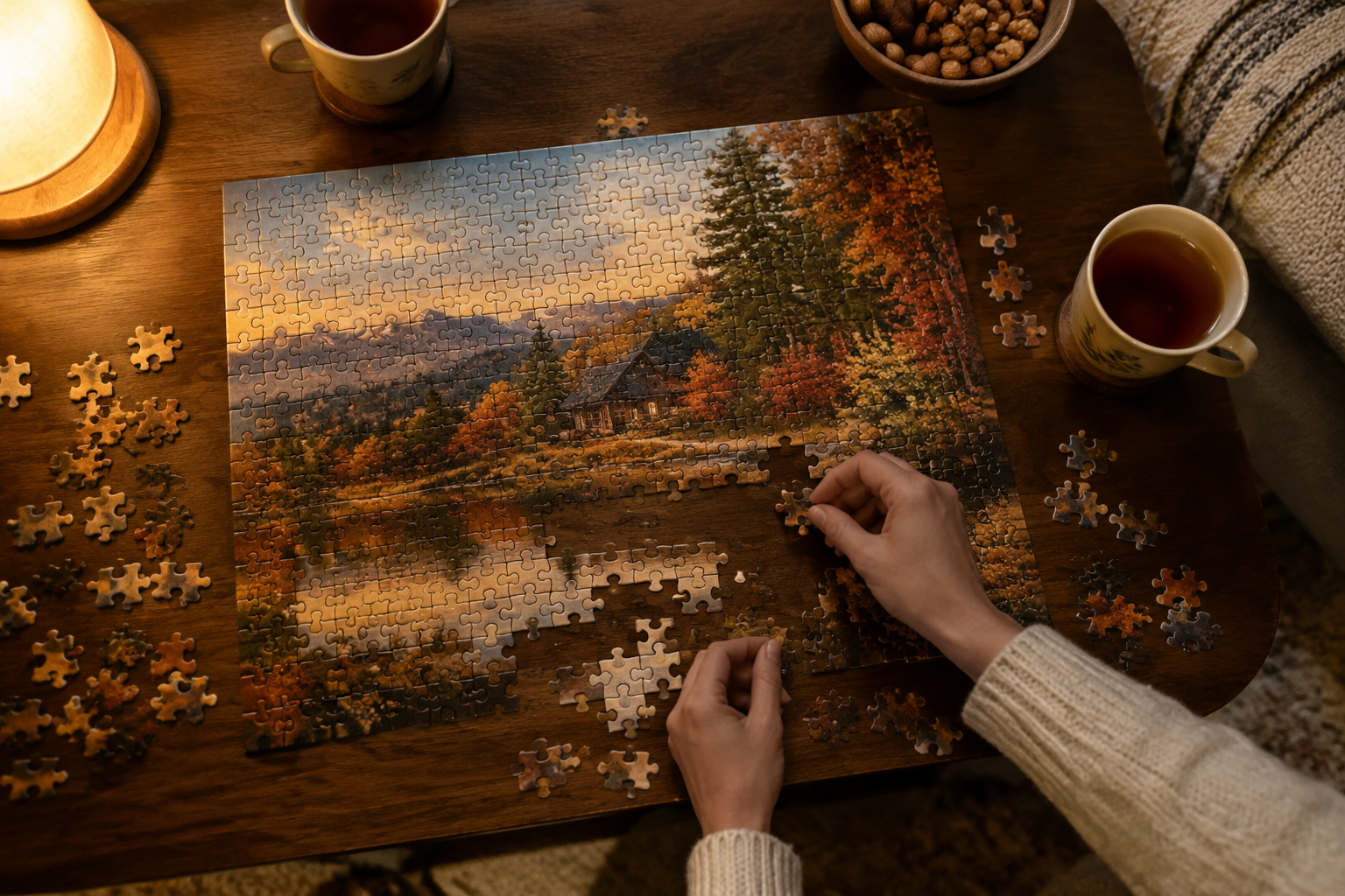Half-finished autumn landscape jigsaw puzzle on a wooden coffee table