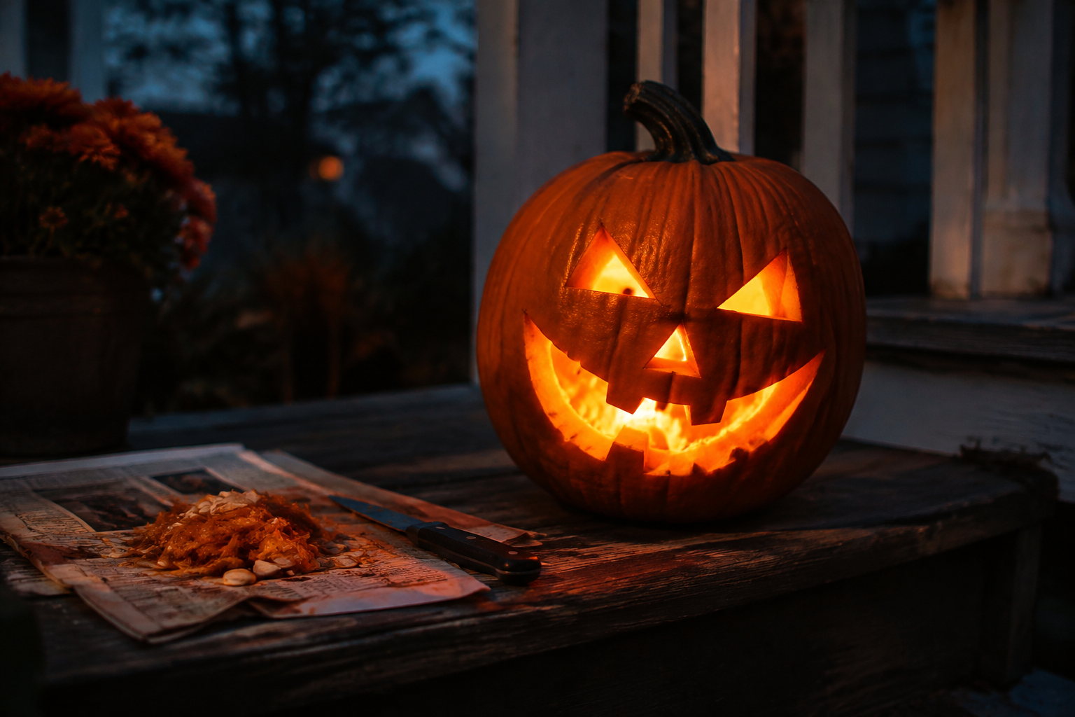 Glowing carved jack-o'-lantern on a weathered wooden porch step at dusk
