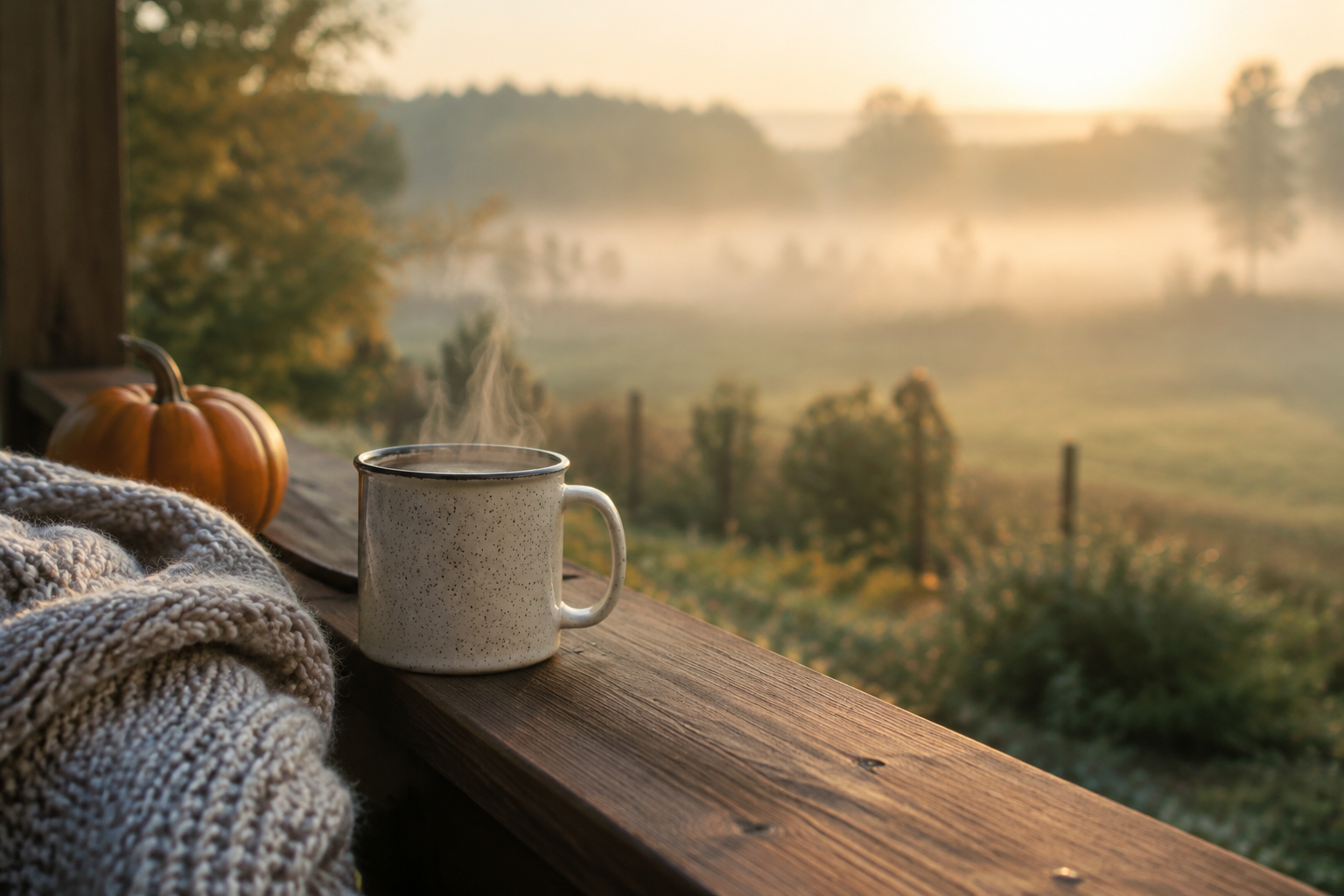 Steaming enamel mug of coffee on a wooden porch railing with a knit blanket