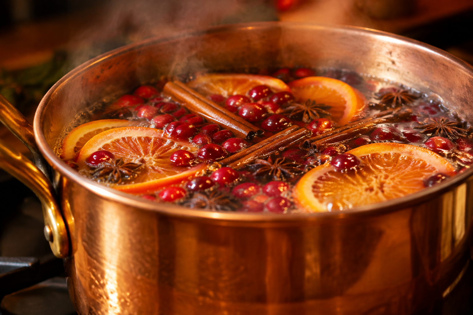 Copper pot simmering with orange slices, cinnamon sticks and cranberries
