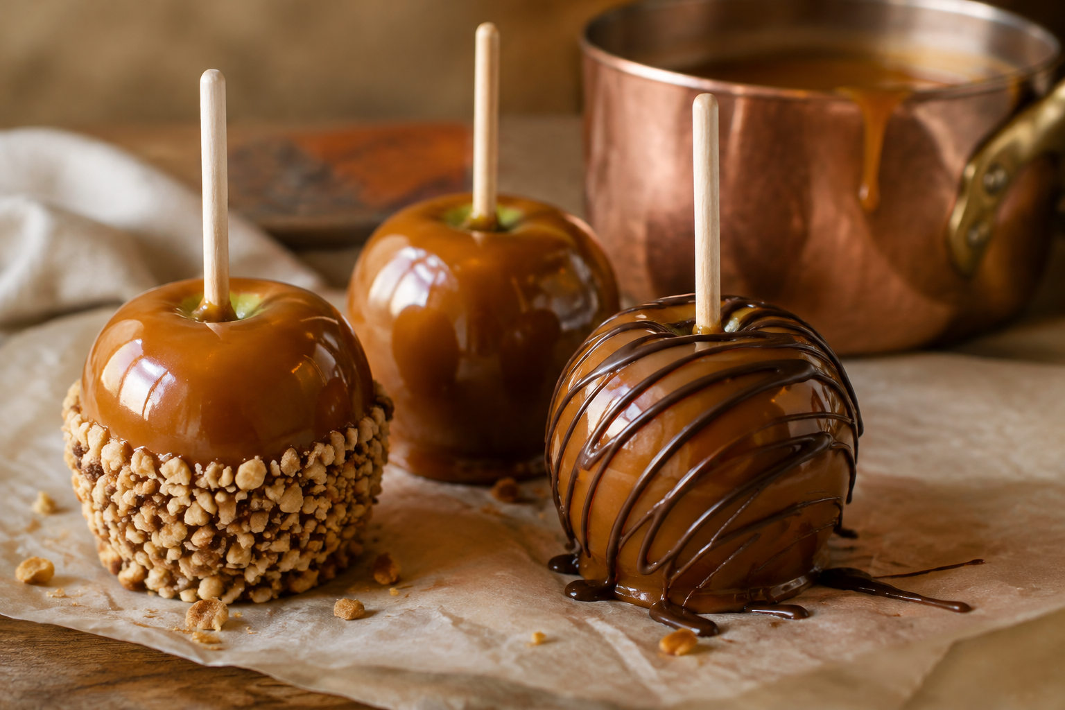 Glossy caramel apples on parchment, one dipped in crushed nuts and chocolate