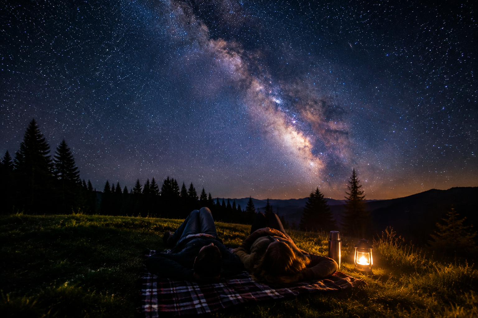 Two people on a blanket under a vast starry night sky with silhouetted pines