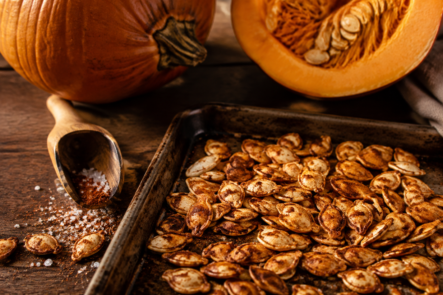 Rustic baking sheet of freshly roasted golden pumpkin seeds with sea salt