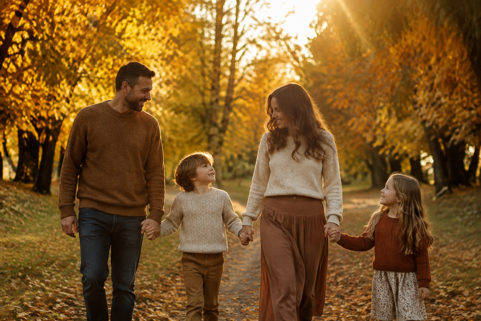 Family in earth-tone sweaters walking down an avenue of gilded maple trees