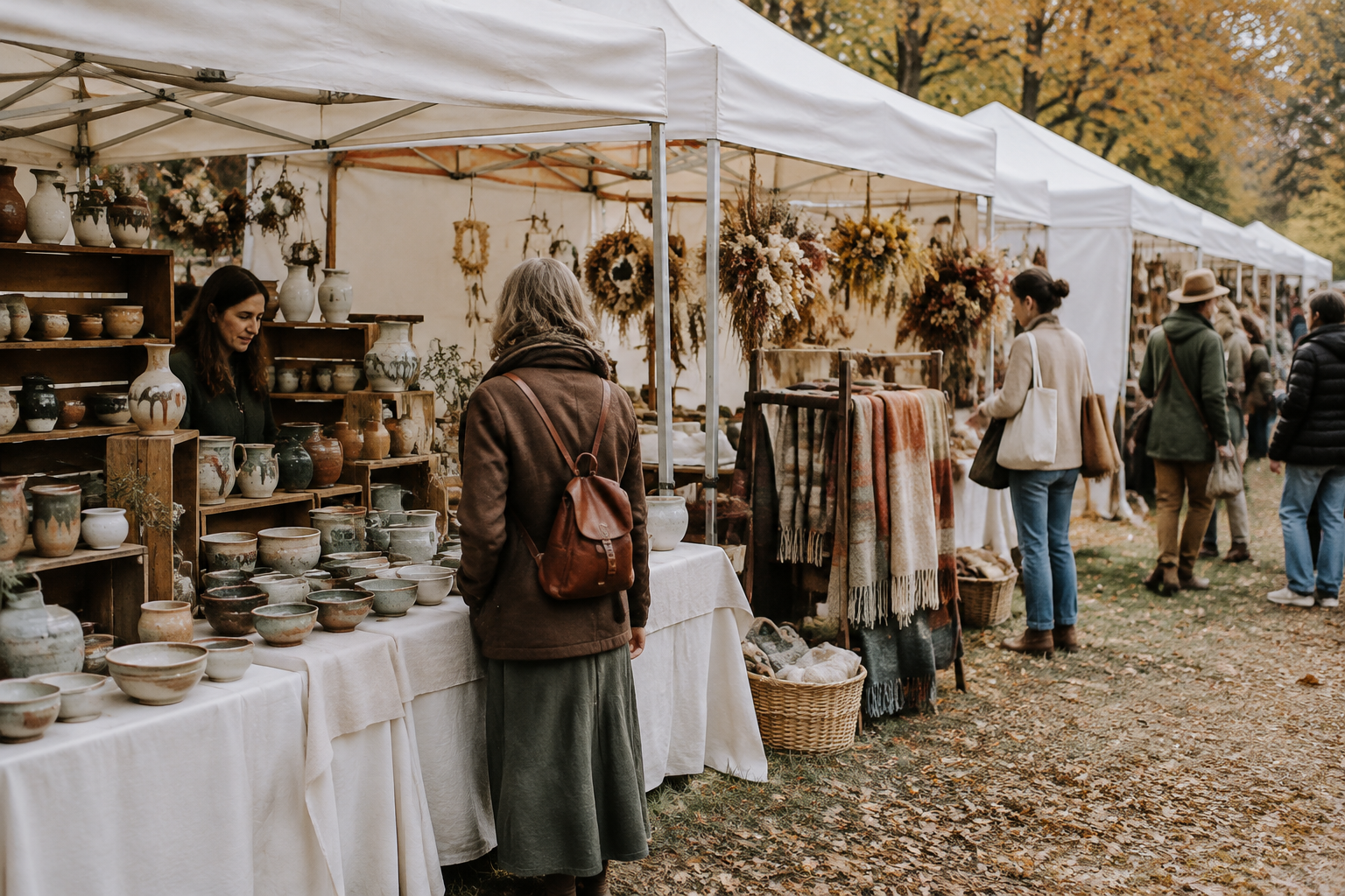 Artisan craft fair stalls under canvas tents with pottery and dried flowers