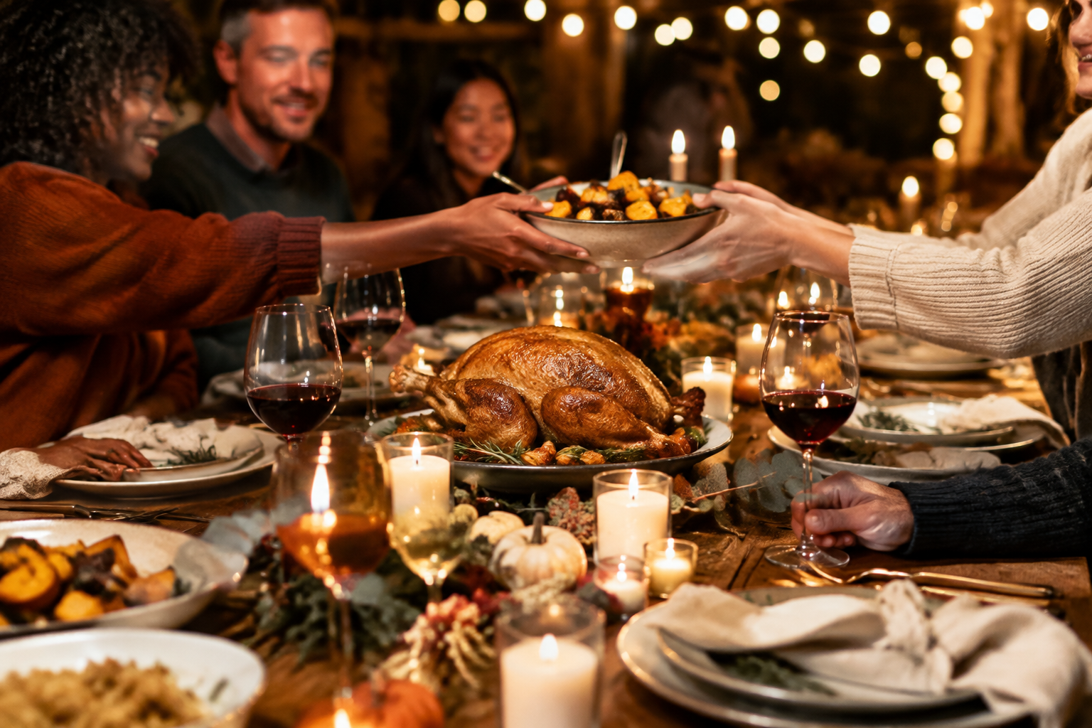 Long wooden Friendsgiving table with candles, roasted squash and warm string lights