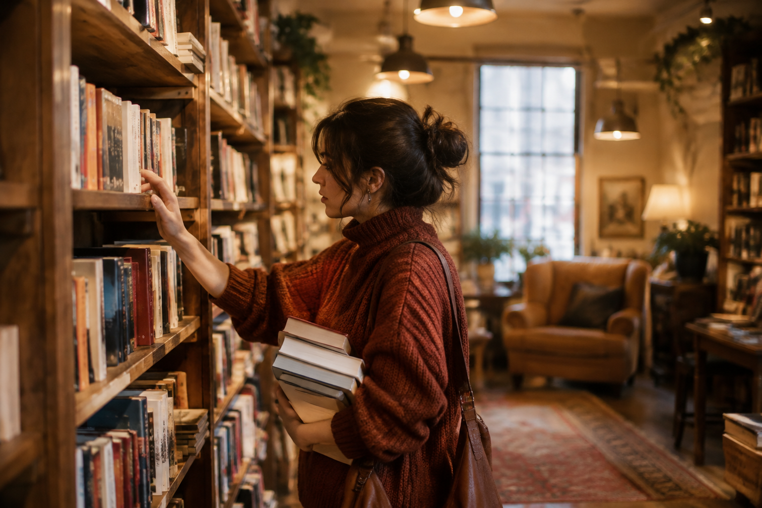 Person browsing tall wooden shelves in an independent bookstore in warm light