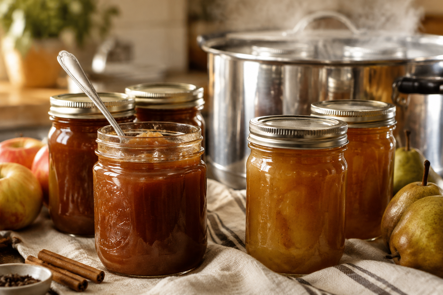 Glass jars of amber apple butter and spiced pear jam cooling on linen