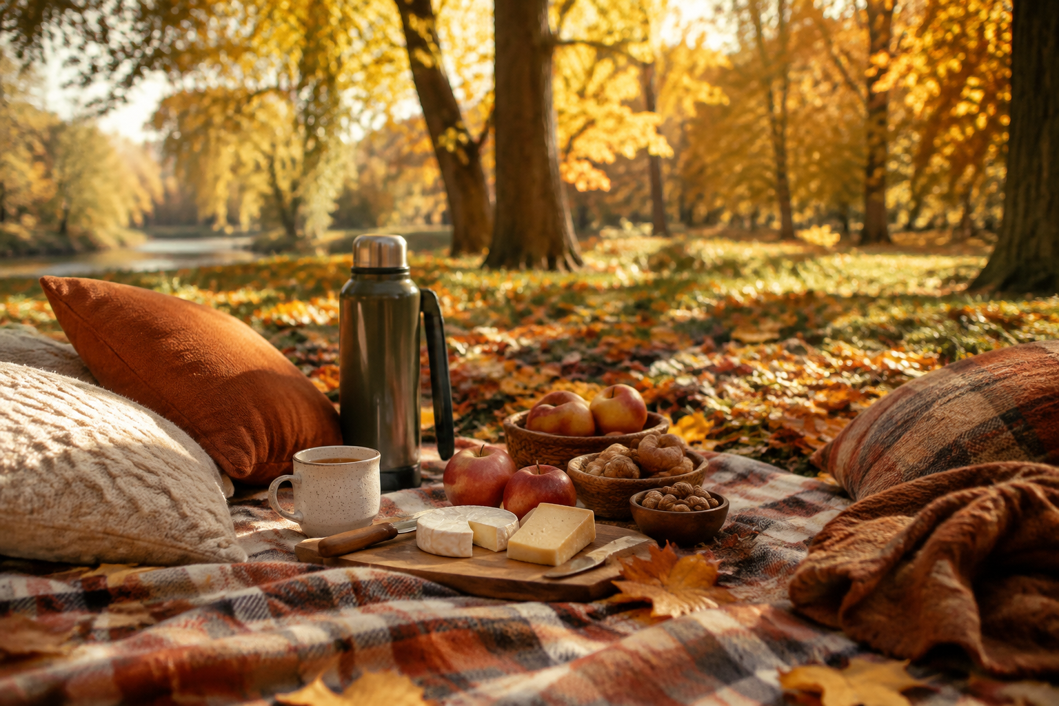 Plaid blanket picnic in a park with thermos, cheese, apples and fallen leaves