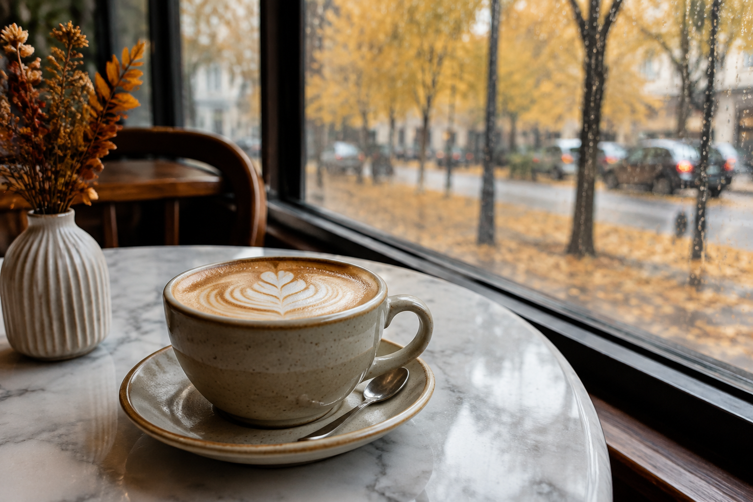 Latte with leaf latte art in a stoneware cup on a rainy autumn cafe table
