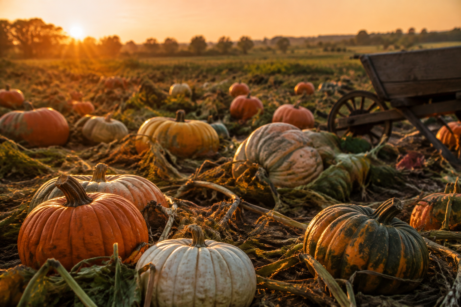 Wide pumpkin patch at golden hour with heirloom pumpkins on dry curling vines