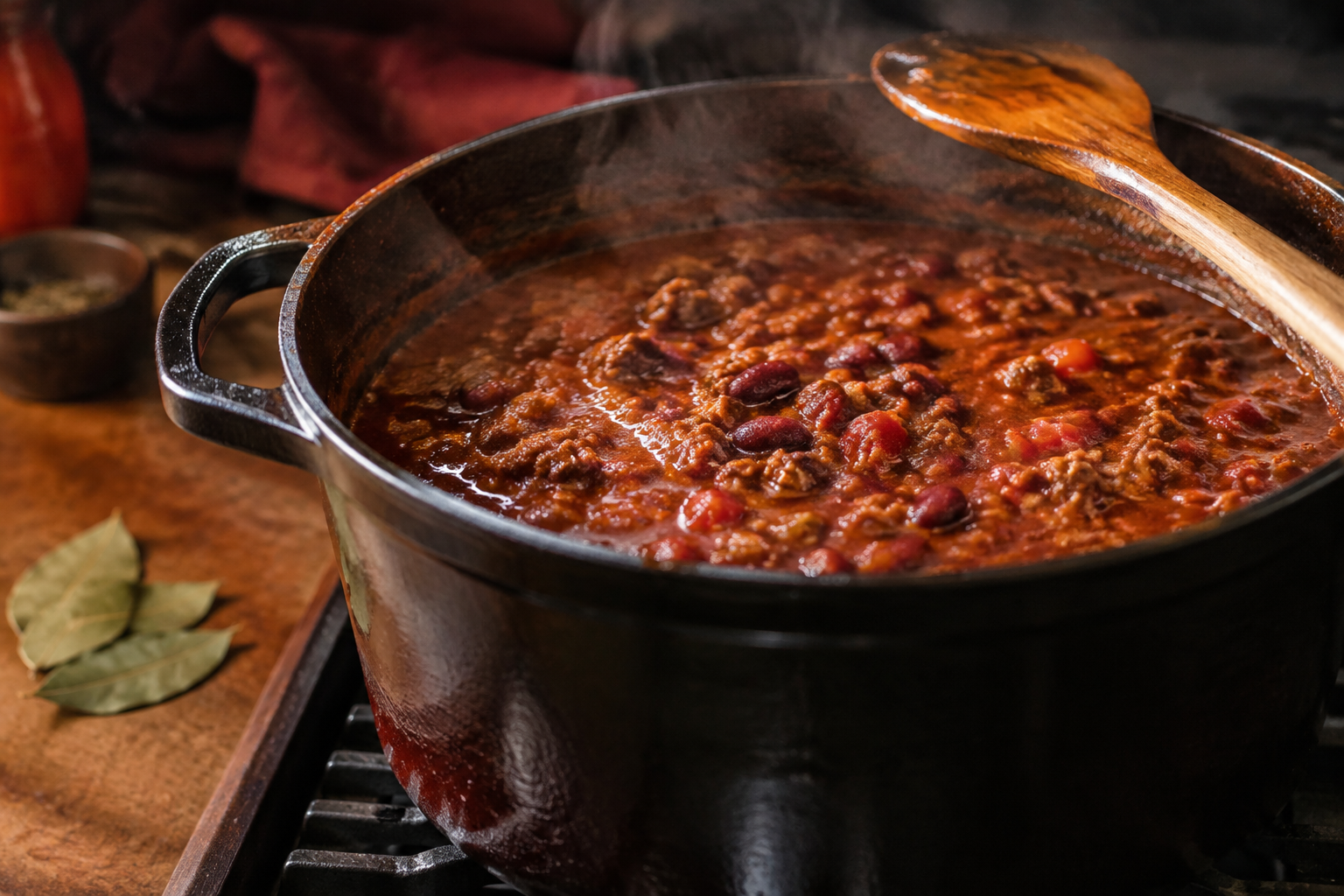 Cast iron Dutch oven of hearty chili simmering with steam rising on a stove