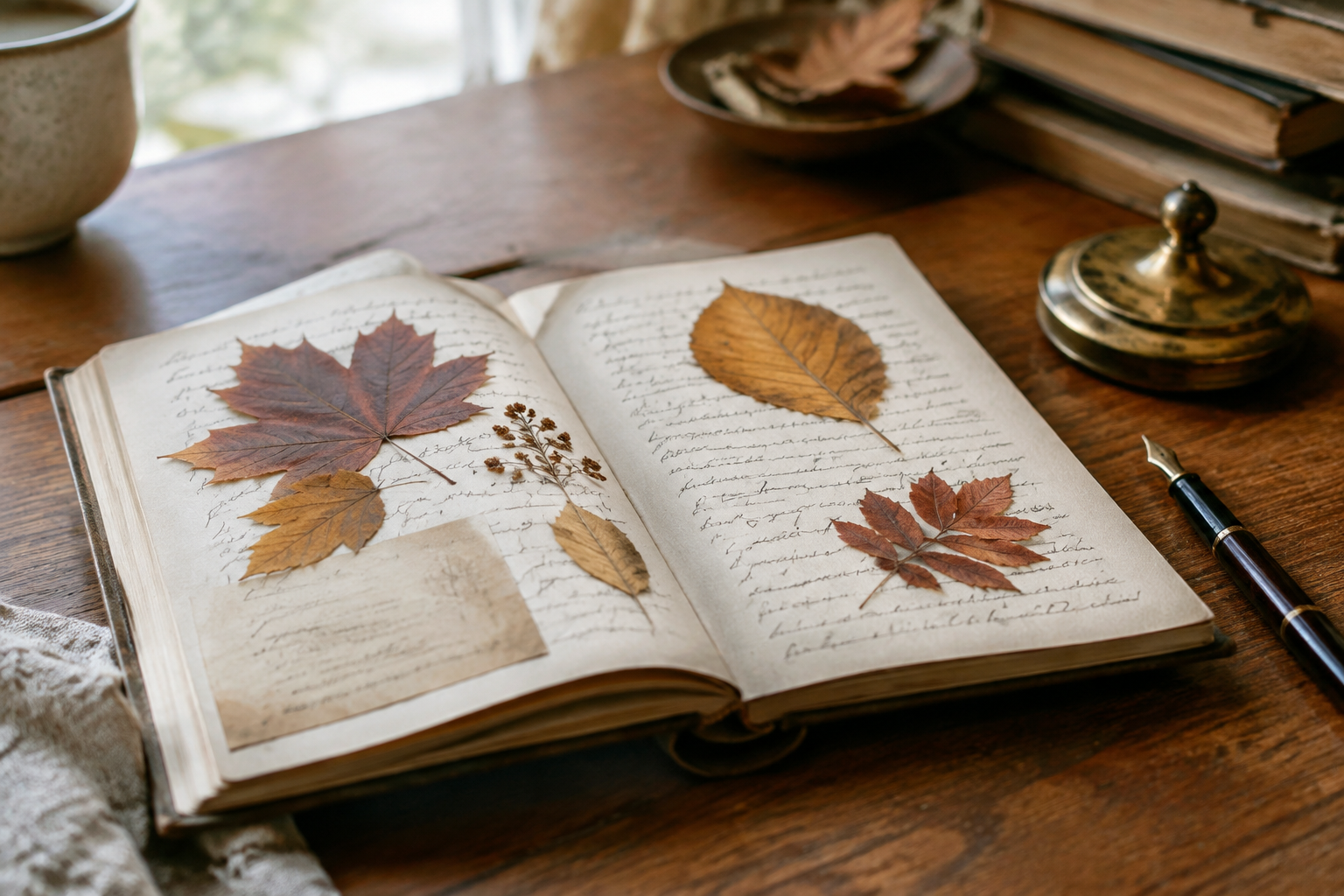 Pressed autumn leaves and handwritten notes in an open linen journal