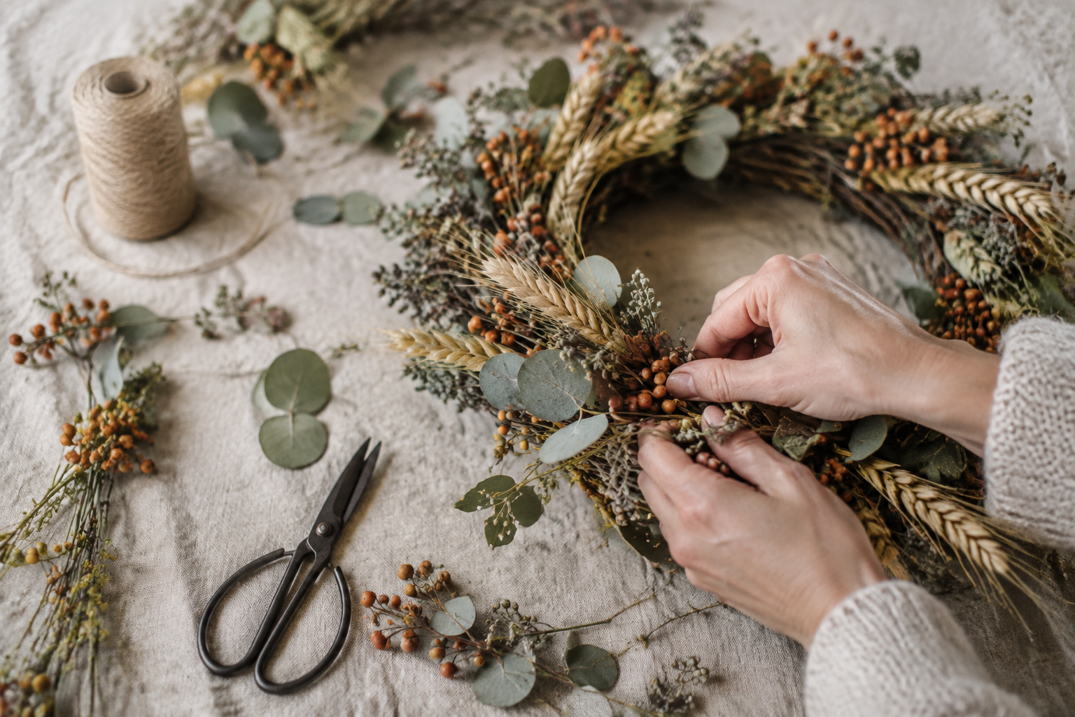 Hands weaving a rustic dried wreath of eucalyptus, wheat and orange berries
