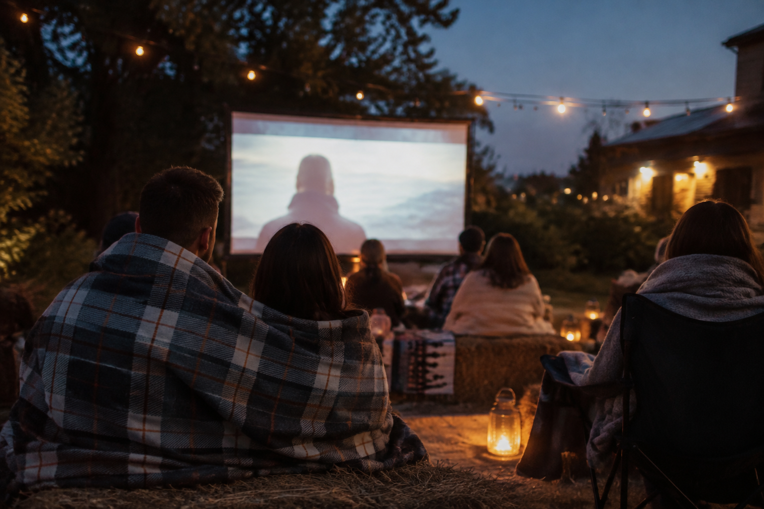 Backyard outdoor movie night with glowing projection screen and wool blankets