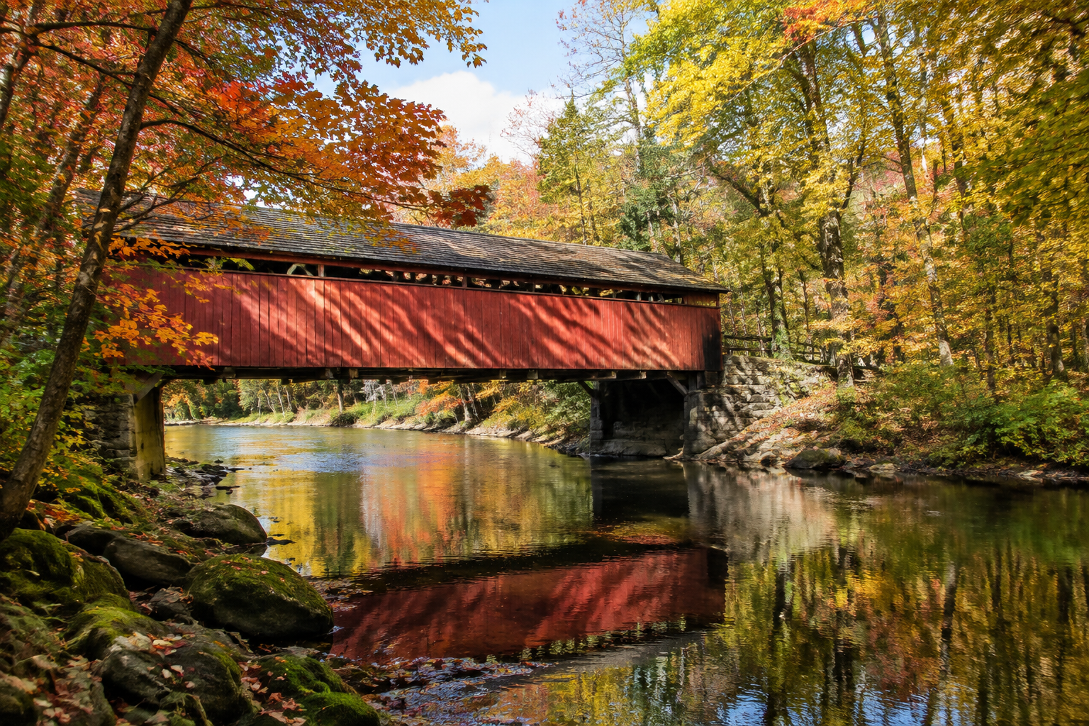 Red wooden covered bridge over a calm river surrounded by brilliant autumn forest