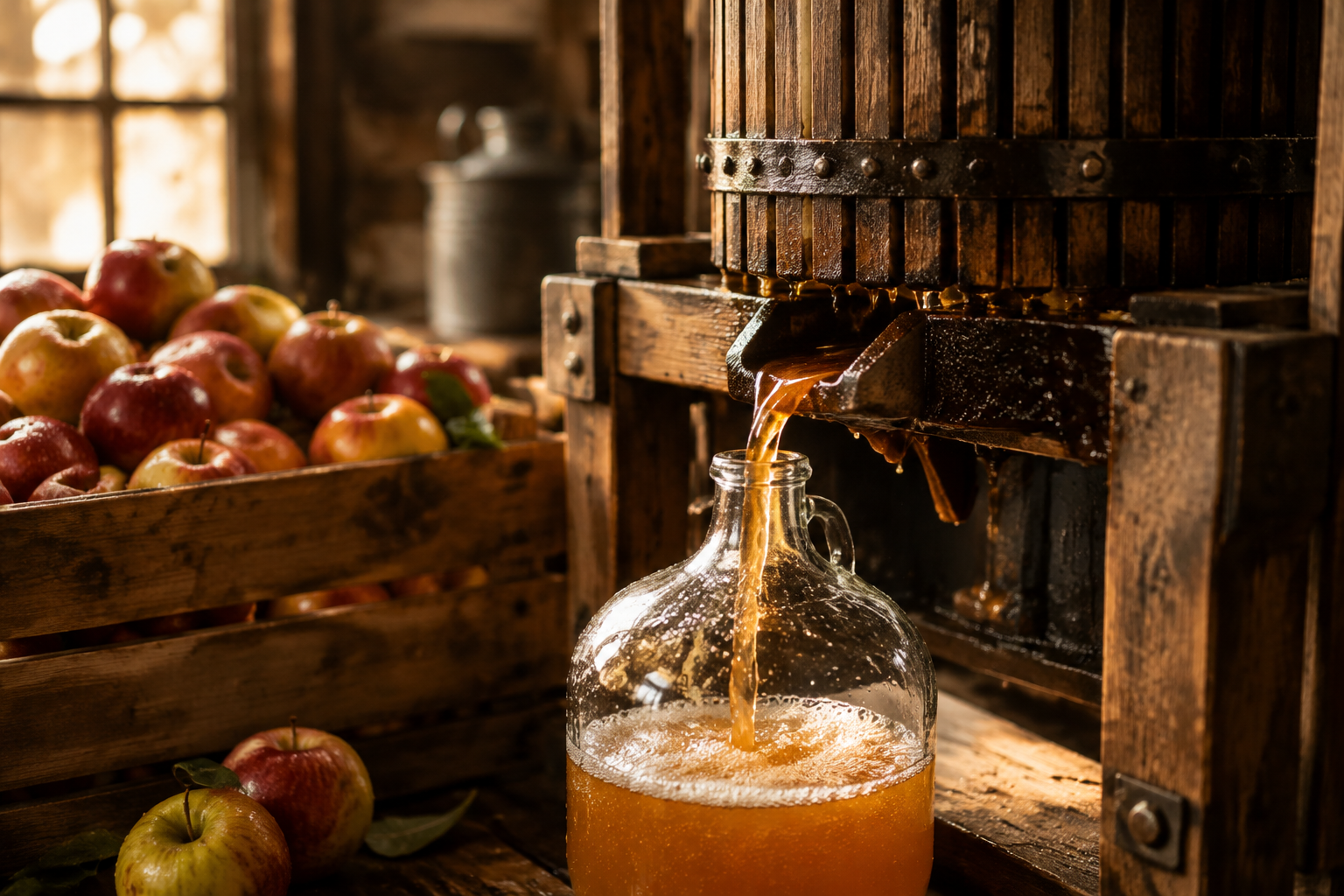 Old wooden cider press with amber apple cider streaming into a glass jug