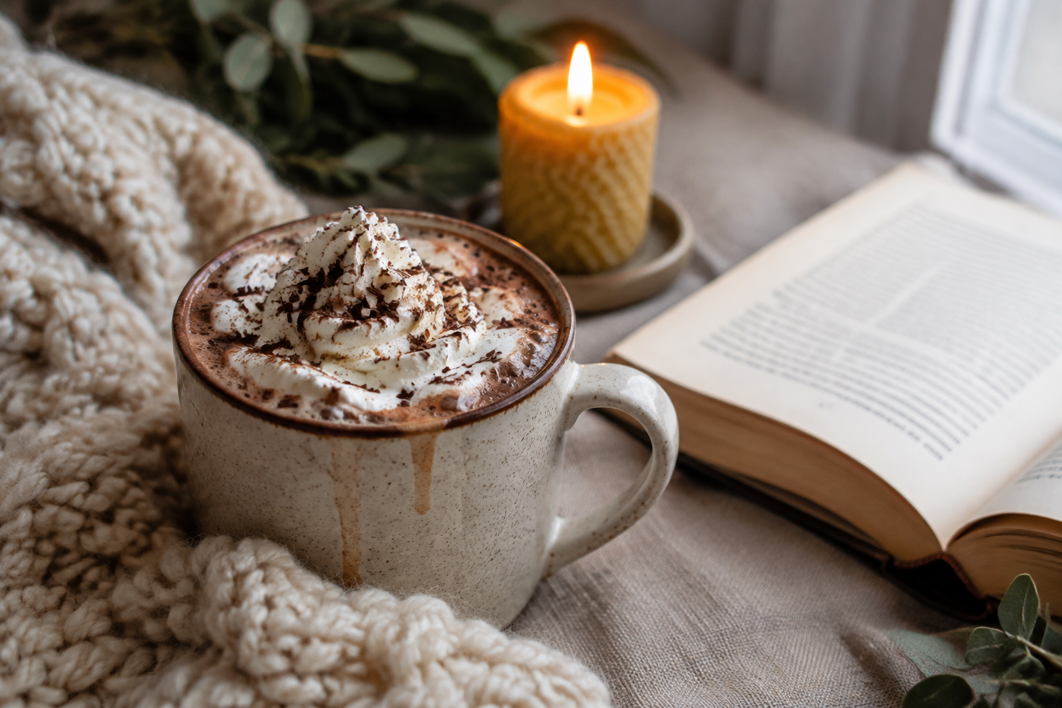 Steaming mug of hot cocoa with whipped cream on a chunky cream knit blanket