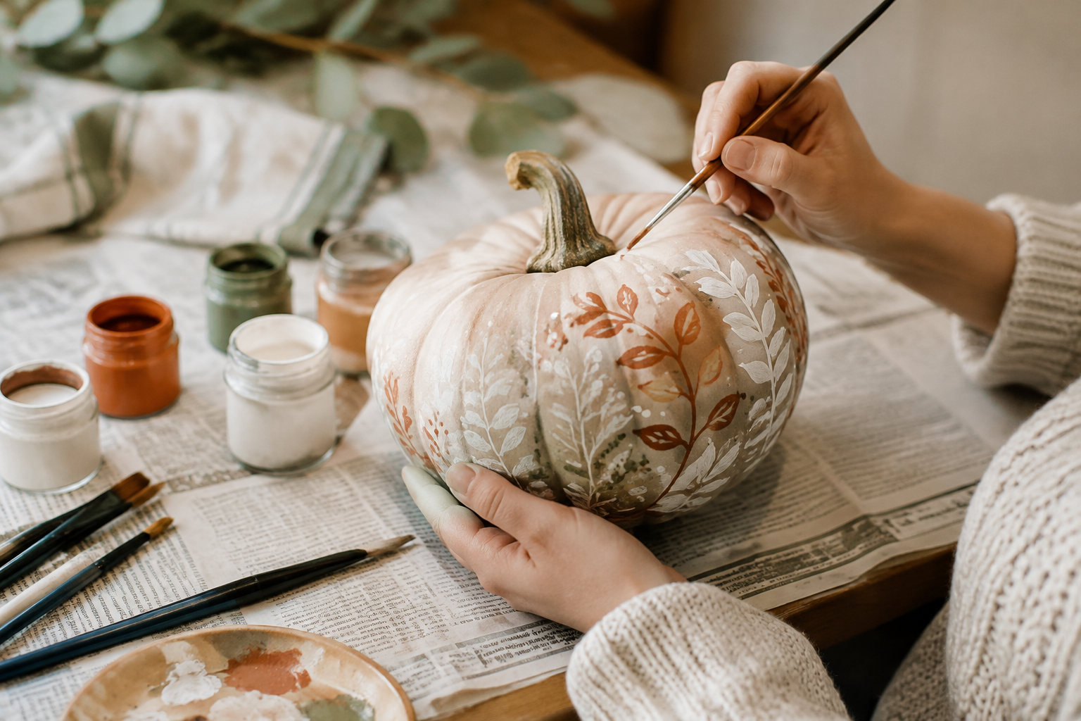 Hands painting botanical patterns in white and terracotta on a pale pumpkin