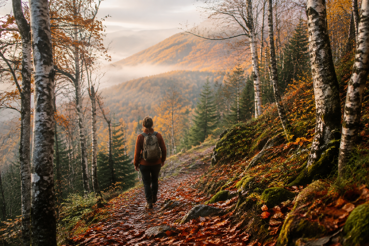 Hiker in a rust wool jacket on a trail carpeted with fallen maple leaves