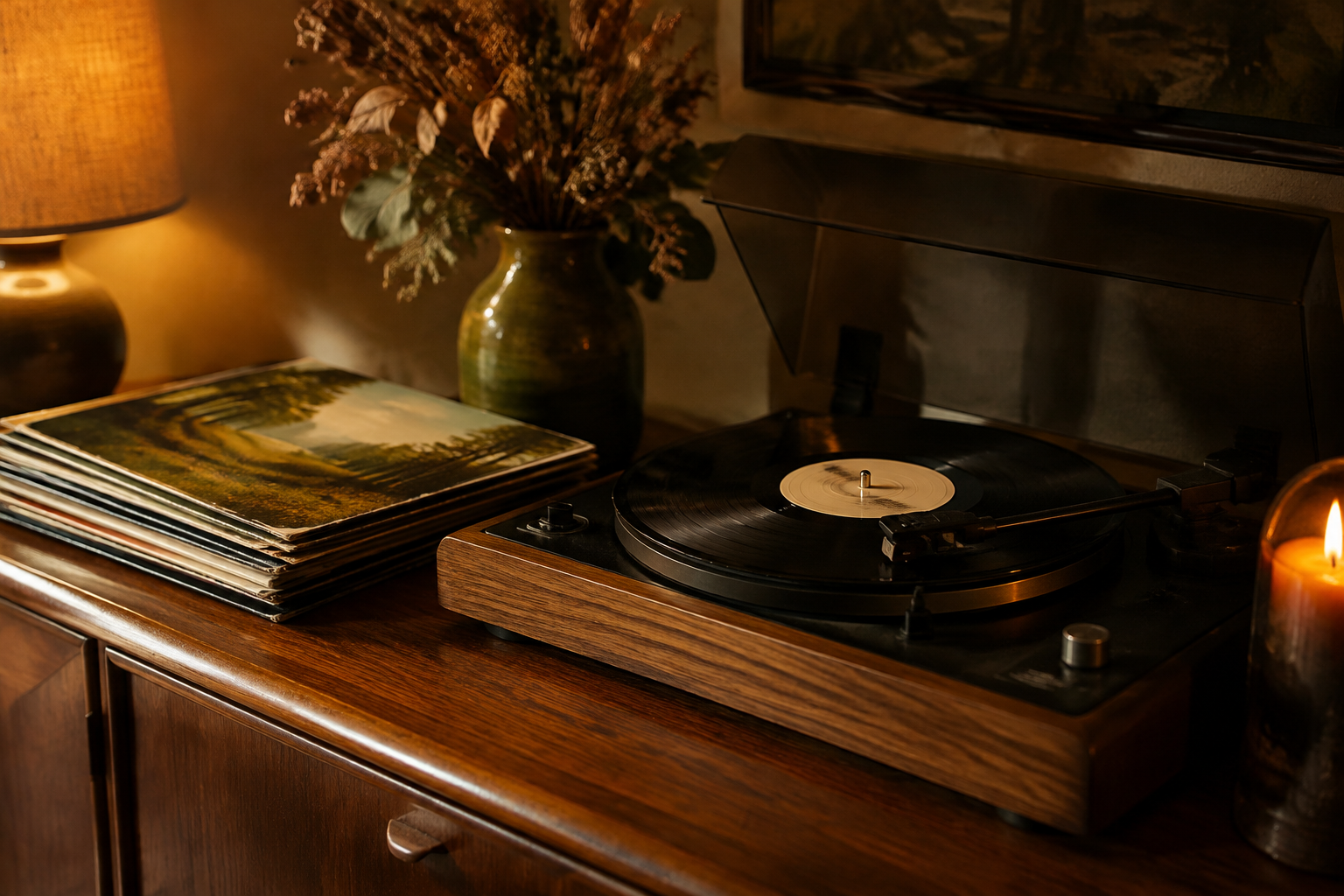 Vintage record player spinning on a wooden console with vinyl sleeves nearby